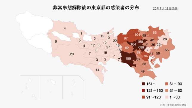 非常事態解除後の東京都の感染者分布