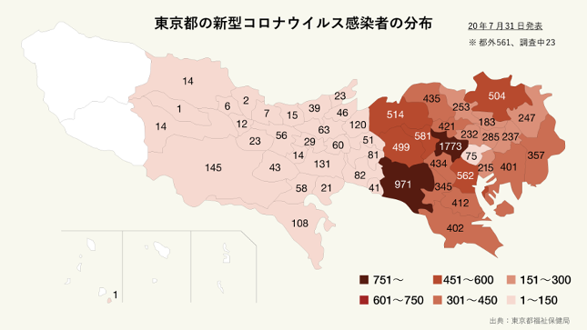 東京都の新型コロナウイルス感染者の分布